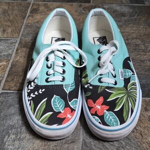 Custom Vans Teal and Black Floral Sneakers - Womens Size 9